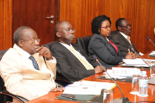 (Left to Right) Minister in charge of General Duties Tarsis Kabwegyere; State Minister for Industry and Technology James Mutende; Country Director Trademark East, Africa Allen Asiimwe; and Commissioner External Trade- Ministry of Trade Silver Ojakol attending the High Level Task Force(HLTF) meeting on the implementation of the e-Single window System(E-SW SYSTEM) in <a href=