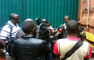 John Muteba (right) talks to the press at Nakawa 