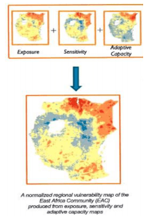 : Regional vulnerability map of the East Africa Community (EAC) produced from exposure to CC, communities’ sensitivity and adaptive capacity to CC. USAID