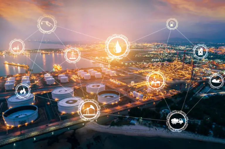 Light,Oil,Refinery,At,Twilight,With,Physical,System,Icons,Diagram