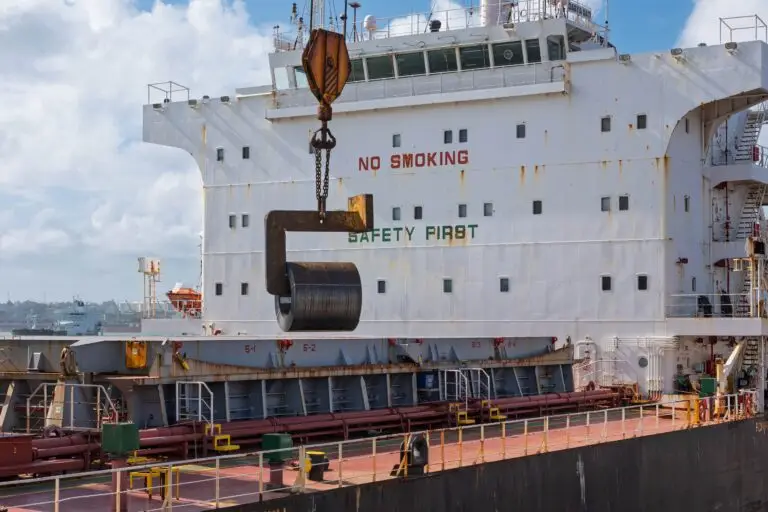 Steel rolls being offloaded from a cargo ship at the Port of Mombasa